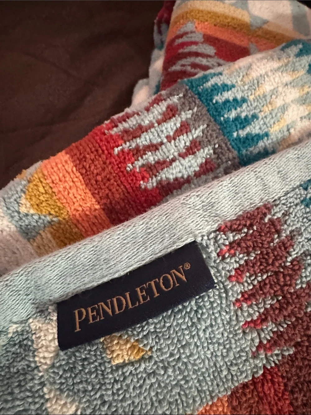 Pendleton Light Blue Bath Towel with Red, Orange & Yellow Southwestern Pattern